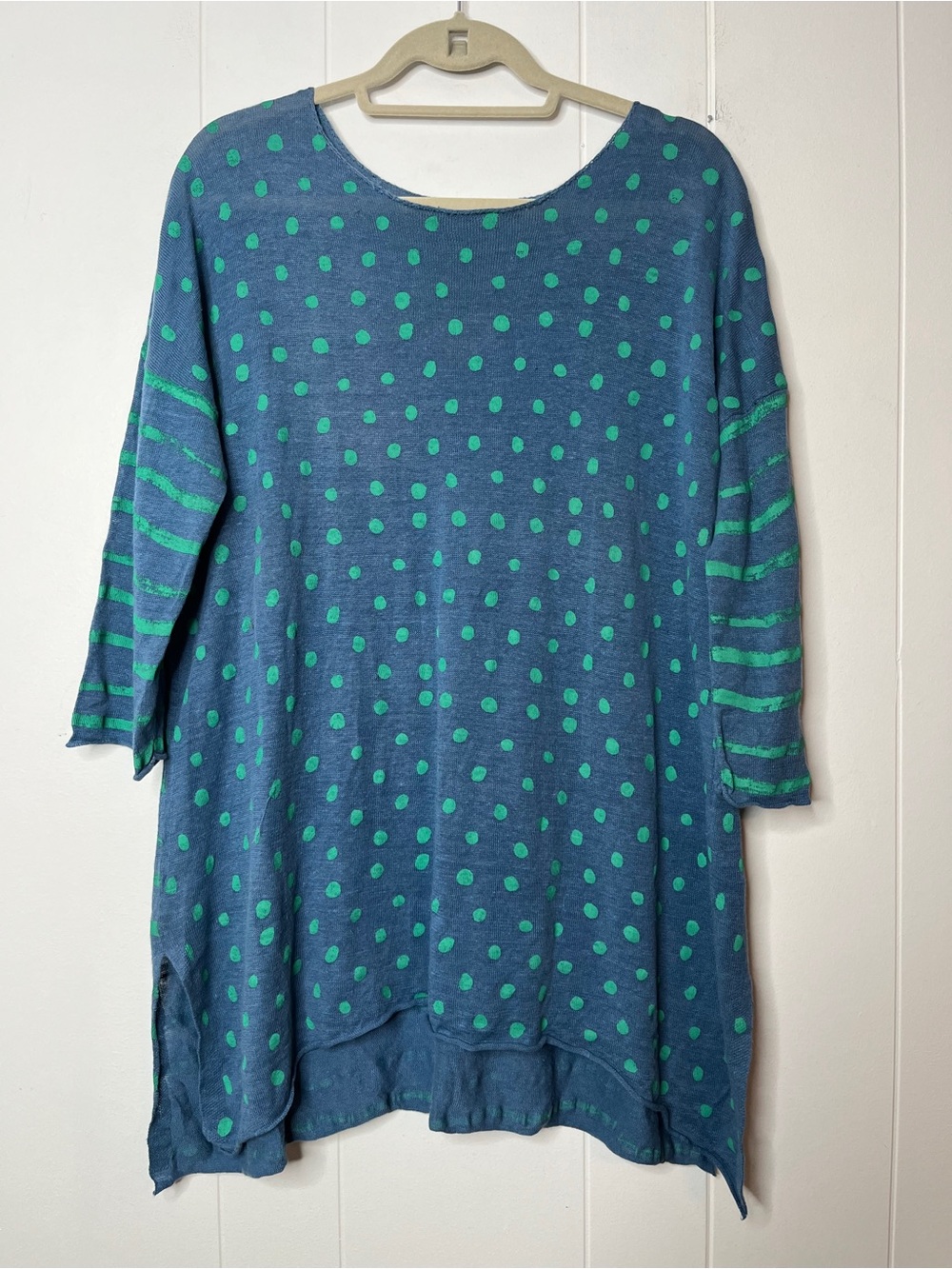Gudrun Sjoden Women's Blue & Green Polka Dot Stripe Tunic Top Organic Linen